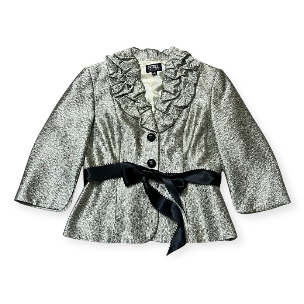 Adrianna Papell Evening Essentials Metallic Ruffle Jacket Size 8 Silver Blazer